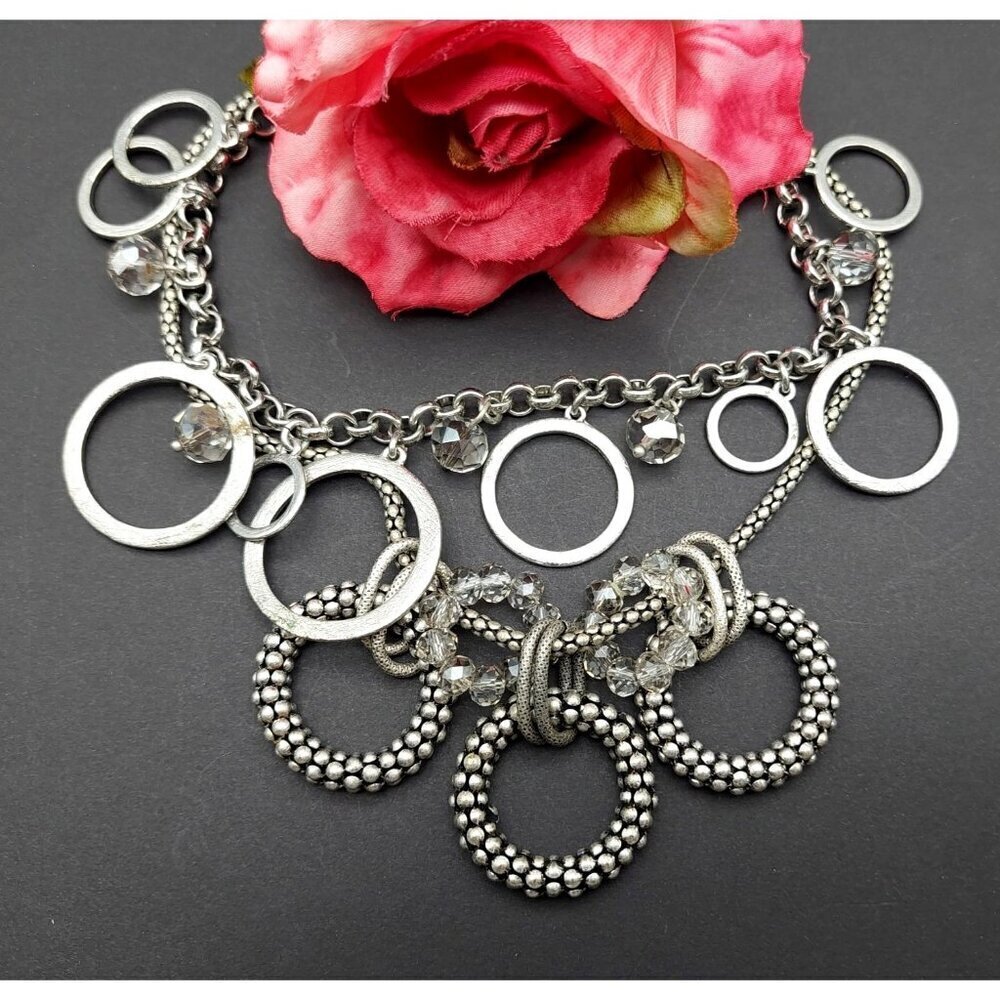 LOFT Antique Silver Tone Multi Strand Collar Bib Necklace Statement Crystal Bead